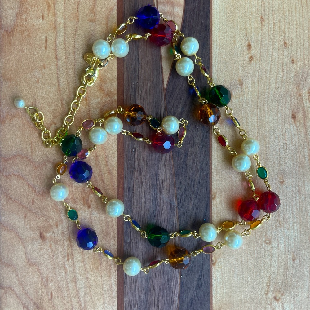 Vintage Joan Rivers Gold Tone Necklace with Faux Pearls and Colorful Crystals